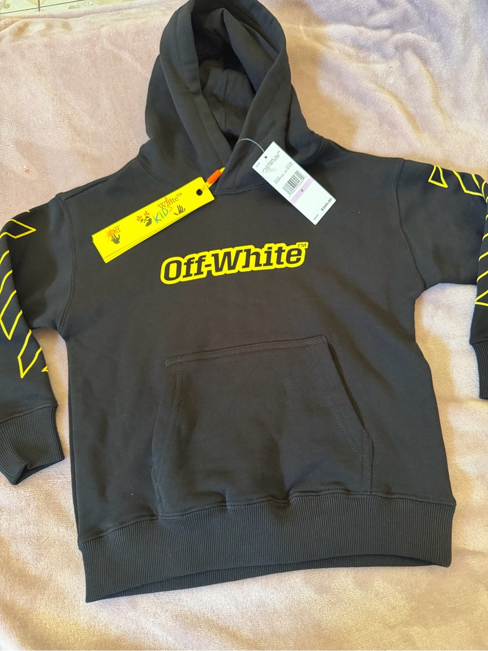 NWT OFF WHITE LOGO SKETCH VIRGIL PUFFED PRINT HOODY KIDS BLACK YELLOW sz 6